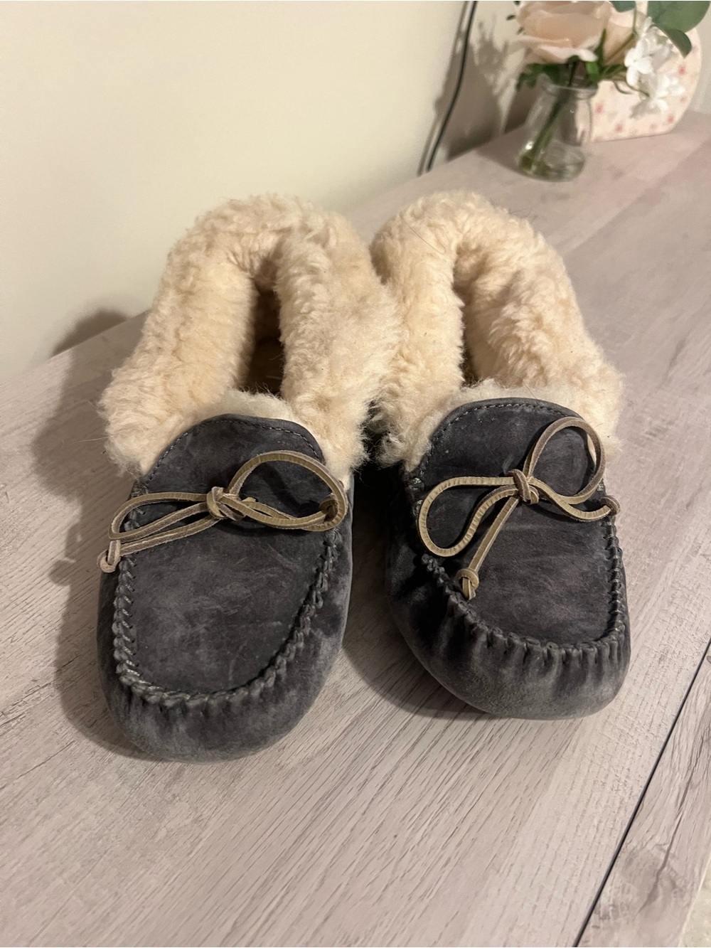 UGG Women's Gray Suede Moccasin Slippers with Cream Shearling
